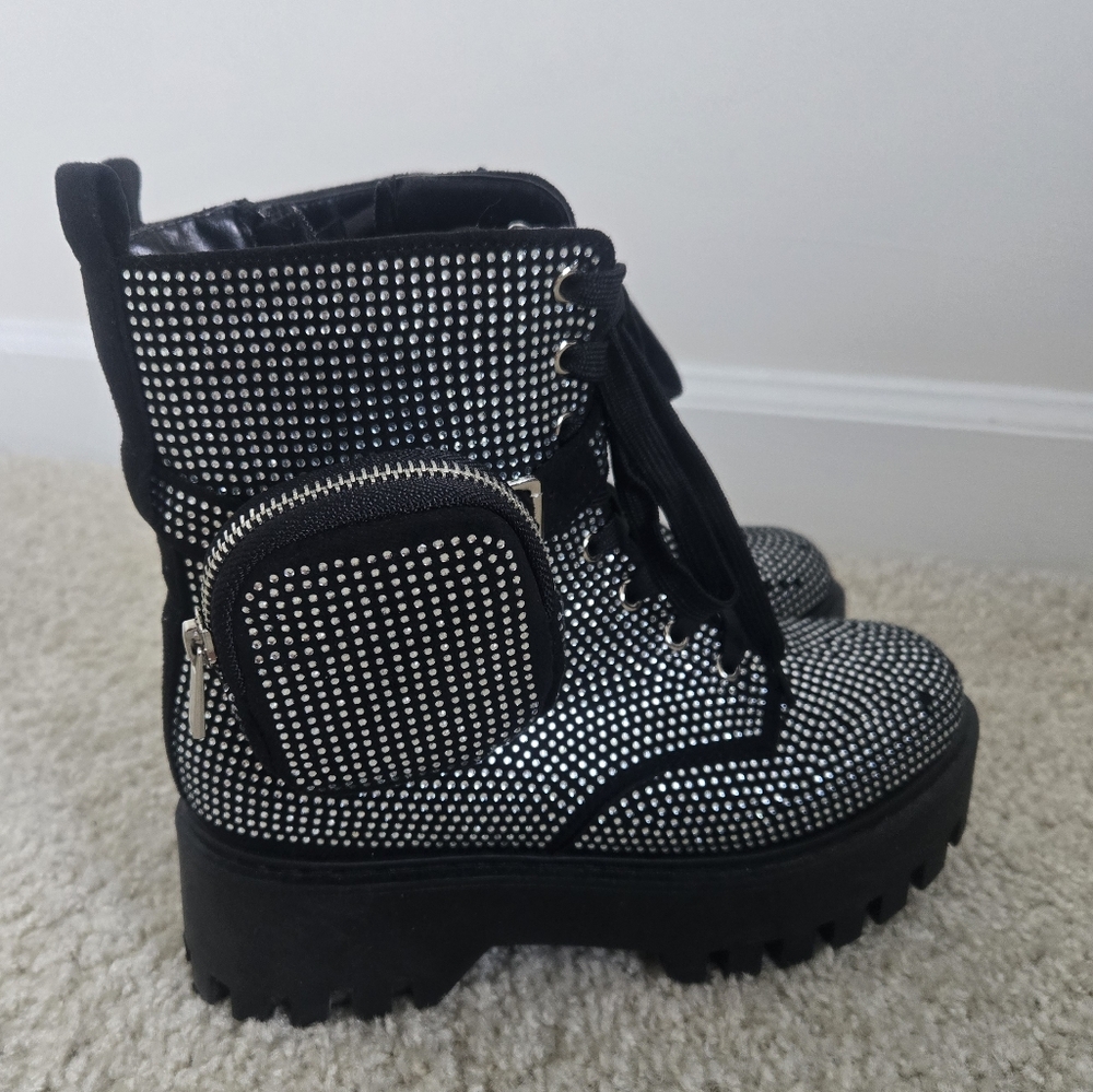 Rouge Helium Rhinestone Studded Platform Combat Boots with Pouch size 7.5